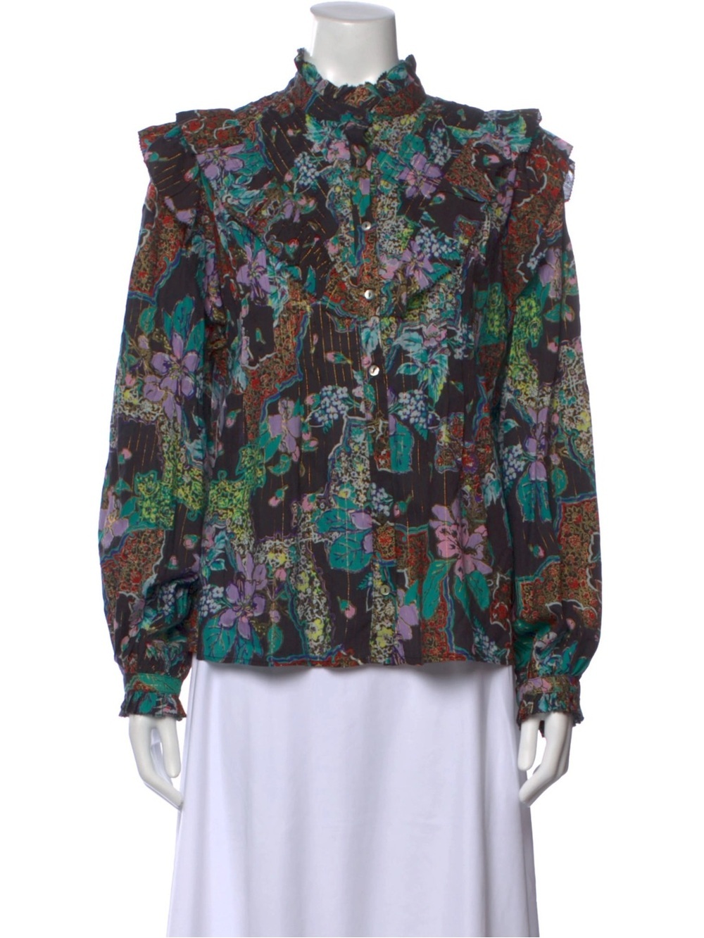 LOVE THE LABEL Floral Print Metallic Long Sleeve Mock Neck Button Blouse Ruffle